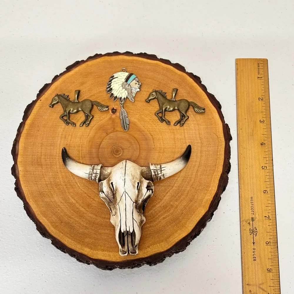 Handcrafted Wall Plaque Brown Western Steer Skull Wood Slice Decor